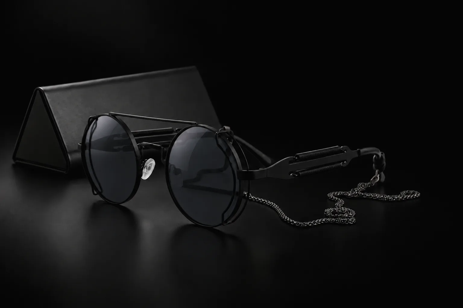 STEAM sunglasses with a chain beside the black folding case