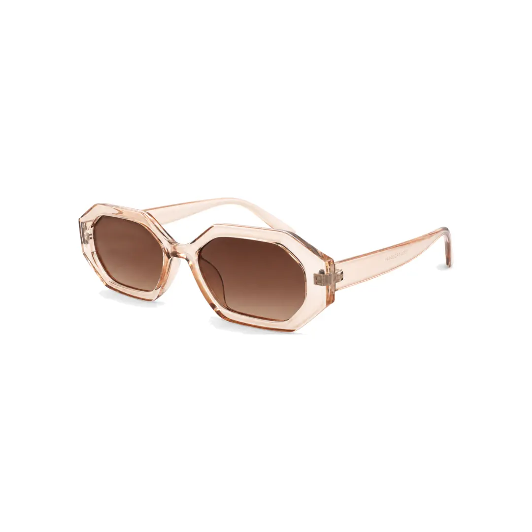 The Clear Beige frame worn by the model, shown at an angle