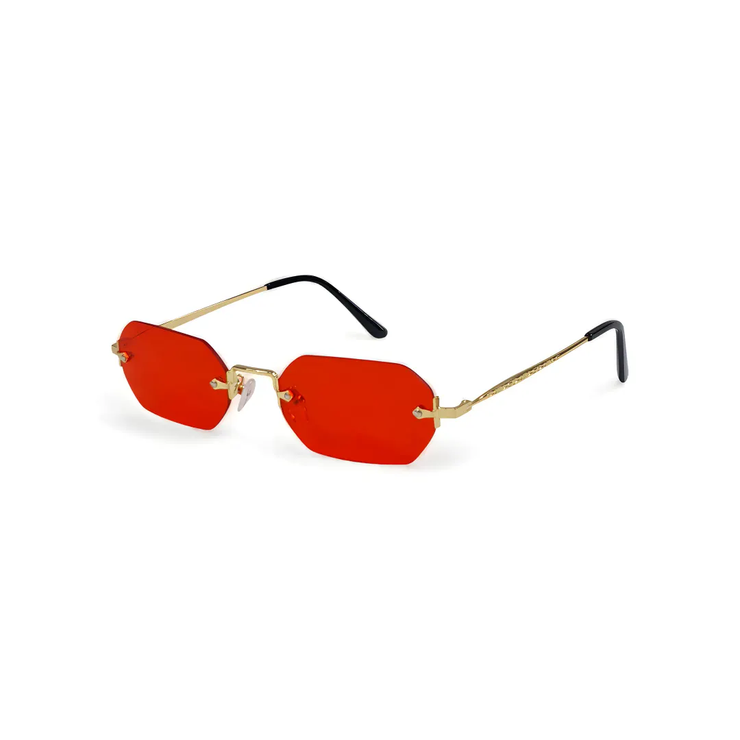 The Red frame worn by the model, shown at an angle